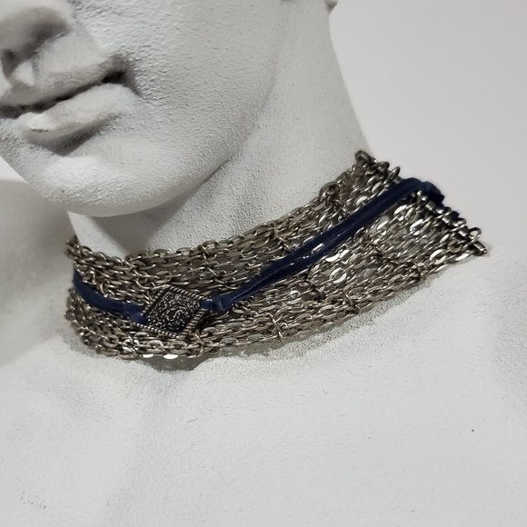 Chunky Chainmail Silver and Navy Choker Necklace - Picture 1 of 5